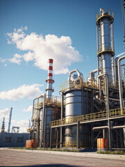 Obraz premium A photorealistic industrial scene showcasing large metallic storage tanks with yellow safety railings, under a clear blue sky. Generative AI