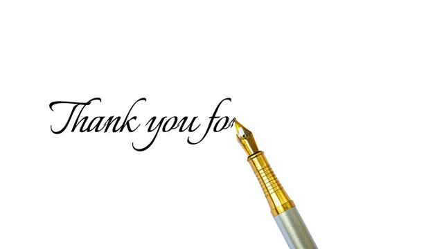 Thank you for Watching typography writing with pen 4k animation backdrop. Pen is writing thank you message on white isolated backdrop