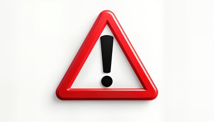 Red triangular warning sign with black exclamation mark. Isolated on white background. Indicates hazard danger. Attention needed. Safety symbol. Important notice. Emergency signal. Risk alert.