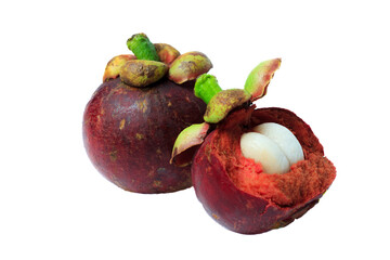 Mangosteen fruit (Garcinia mangostana) in isolated white (buah manggis dilatar belakang warna putih)