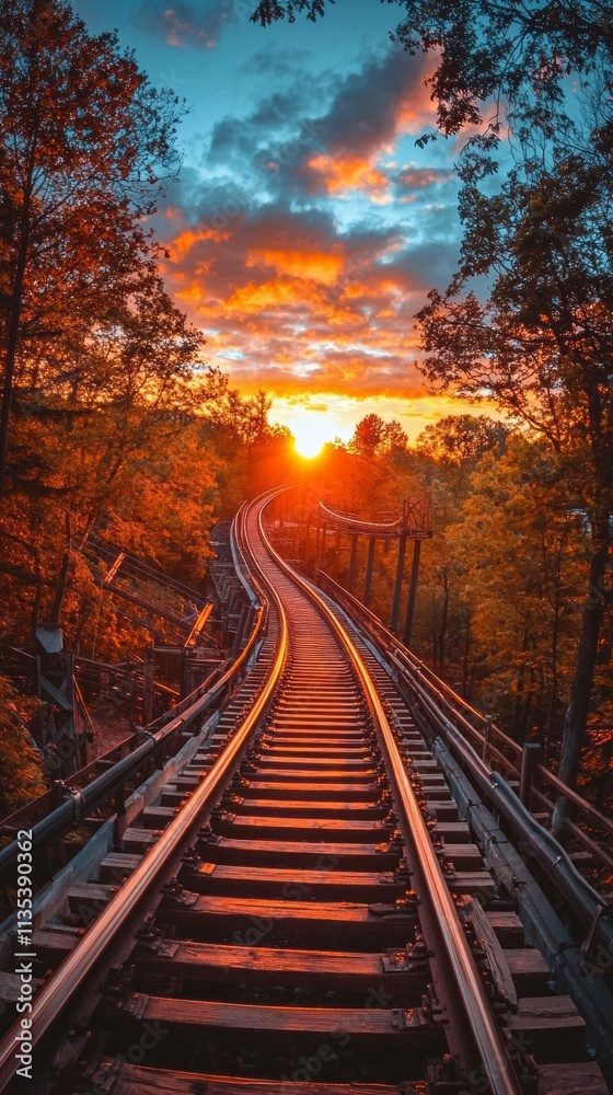 Poster a train track with a sunset in the background