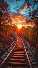 Fototapeta premium A train track with a sunset in the background