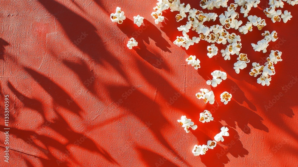 Poster a red background with a bunch of white popcorn on it