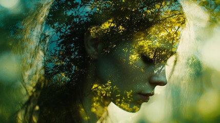 Woman's face overlaid with forest foliage, nature and human connection concept.