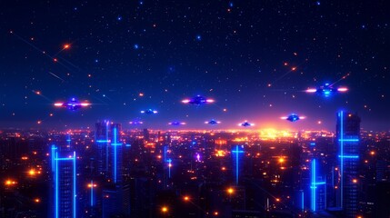 Obraz premium Futuristic cityscape with flying drones and glowing lights at night.