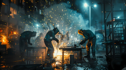 Night Shift Welders:  Three welders work intensely under the dramatic glow of sparks and city lights at night, their figures silhouetted against the fiery spectacle of their craft.