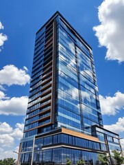 Fototapeta premium Glass facade of the building with a blue sky and white clouds