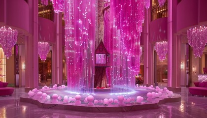 Whimsical Treehouse Suspended in Glowing Crystal with Soft, Floating Orbs and Pink Ambiance
