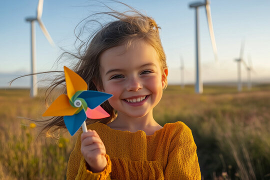 Joyful child spinning a colorful pinwheel against a wind turbine backdrop