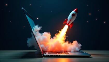 A stunning depiction of a rocket launching amidst a galactic background displayed on a laptop....