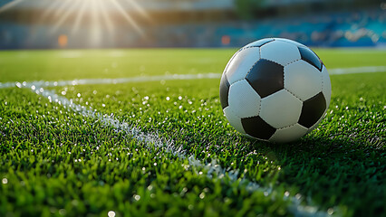 Close-up view of ball on green field full of grass in football stadium.