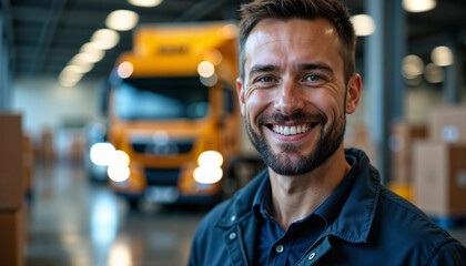 Confident male worker smiling in a busy warehouse setting, showcasing productivity in logistics.

