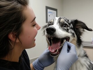 Veterinarian wearing gloves examining a dog's teeth during a routine checkup at the veterinary clinic