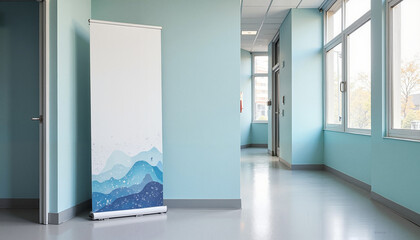 Vertical Banner Mockup Copy Space Blank roll-up banner with blue wave design in hallway
