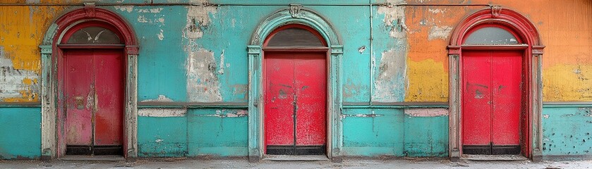 Exploring vibrant doors abandoned building photography urban environment eye-level view colorful architecture