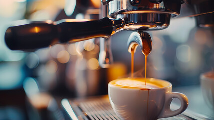 Espresso Perfection: Rich, dark espresso pours into a small cup, creating a perfect layer of crema. The gleaming espresso machine and warm lighting enhance the image's luxurious feel.