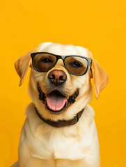 Smiling labrador dog with glasses on yellow background, cute and funny pet portrait