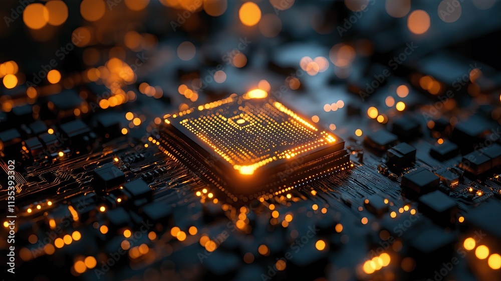 Poster high-resolution macro shot of a circuit board with illuminated microchip