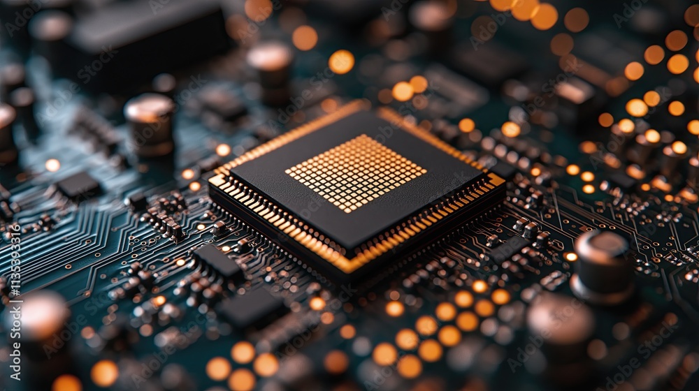 Poster advanced microprocessor on a circuit board close-up