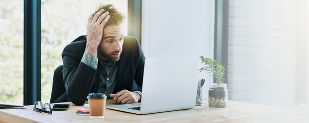 Stress, burnout and business man on laptop upset for crisis, network error and 404 mistake. Banner,...
