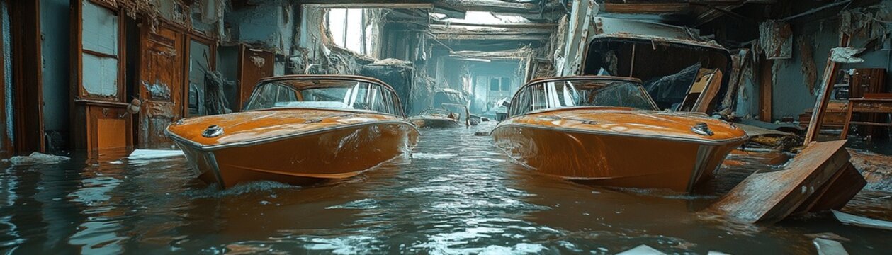 Abandoned flooded boathouse scene with vintage boats urban decay interior photography distressed environment wide angle surrealism