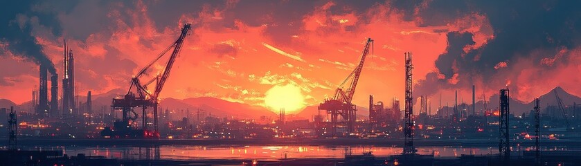 Fototapeta premium Industrial sunset cranes and skyline oil field digital artwork urban environment wide angle view modern industry concept