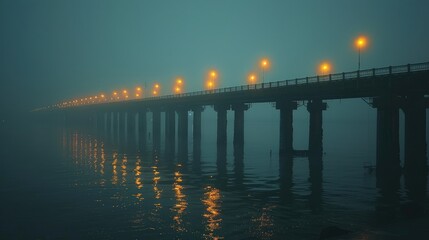 Obraz premium A foggy pier illuminated by streetlights, reflecting on the calm water below.