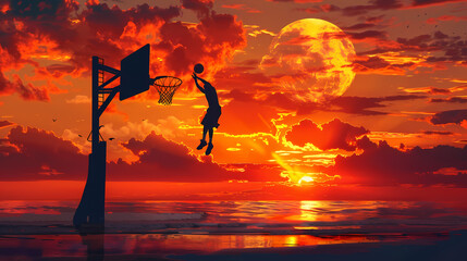 Sunset Slam Dunk: A stylized illustration of a basketball player executing a dramatic slam dunk against a fiery sunset backdrop, with a large, vibrant moon adding to the surreal atmosphere.  