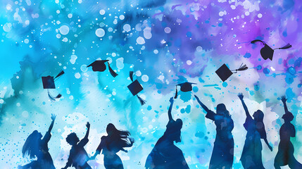 Graduation Celebration: Silhouettes of jubilant graduates joyfully toss their graduation caps against a vibrant watercolor backdrop of blues and purples.