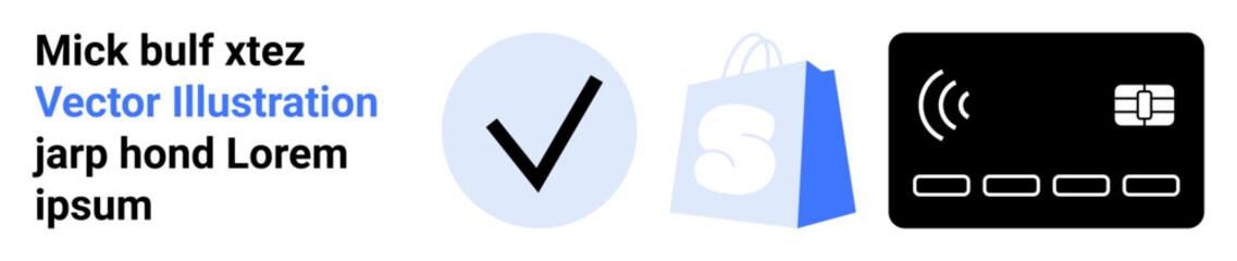 Text about secure online shopping and payment. Shows a checkmark, shopping bag, and credit card. Ideal for e-commerce, online security, payment methods, shopping platforms, and digital transactions