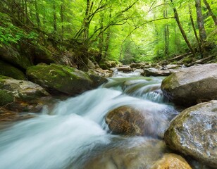 Obraz premium Crystal Clear Mountain Stream Flowing Through Lush Green Forest Under Bright Daylight