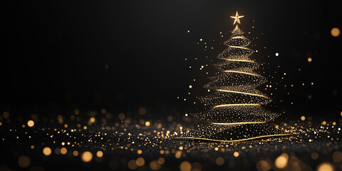 A minimal outline of a Christmas tree with subtle golden lights on black background