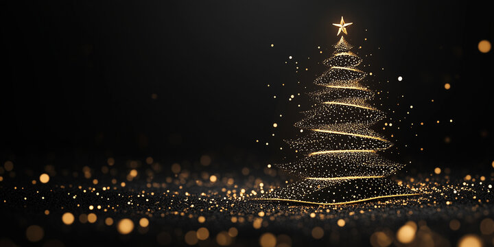 A minimal outline of a Christmas tree with subtle golden lights on black background - Powered by Adobe