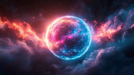 Obraz premium Electric plasma orb blue and pink light rays swirling in dark space abstract quantum science experiment