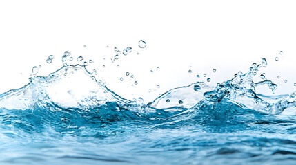 Blue water splashing with bubbles against a white background.