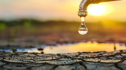Last Drop of Hope: A single drop of water hangs precariously from a faucet, a stark reminder of dwindling resources. The cracked.