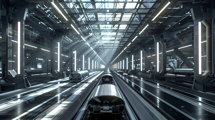 Fototapeta premium Futuristic Train Station: A sleek, high-speed train glides through a futuristic train station, its metallic gleam reflecting the bright lights of the architectural marvel.