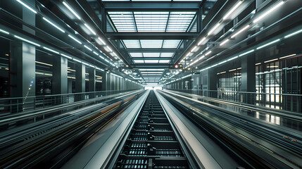 Obraz premium Futuristic Travelator Perspective: A long, sleek travelator stretches towards a bright light at the end of a modern, minimalist architectural space.