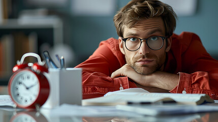 The Weight of Time: A young man in glasses, with a determined gaze, rests his chin on his hand as he stares at the ticking clock.