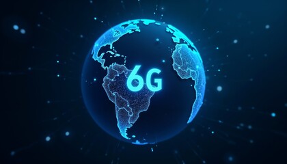 Glowing globe with "6G" symbol and network connections.networking, digital marketing, 6G, technology promotion, infographic, modern visuals, futuristic content.Innovation. Future technology. Connectiv