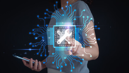 Technical Support Customer Service Business Technology Internet Concept. Businesswoman hand touch service support customer help call center business technology button on virtual screen. Support by Ai.