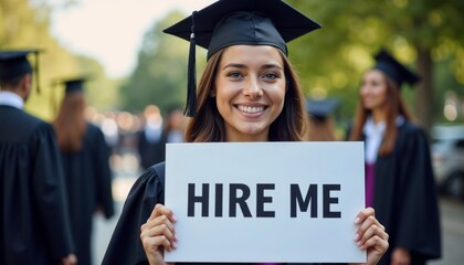 Graduation announcement, job search, motivational poster, business flyer, resume, employment, university banners, design, marketing.Young woman in academic robe and cap holding a "HIRE ME" sign, smi

