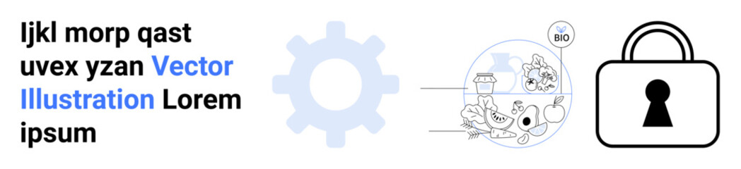 Gear icons, a lock, and a complex bioinformatics scene highlighting data security, biotechnology, and analytical processing. Ideal for cybersecurity, biotechnology, data analysis, research tech