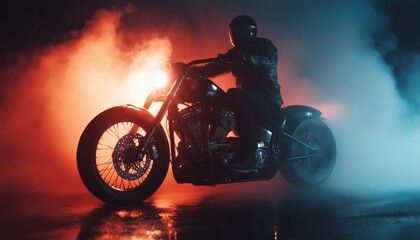 Fototapeta premium Man Riding High-Power Motorcycle Chopper At Night In Fog With Backlights On