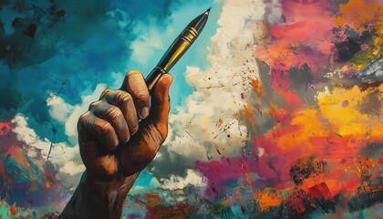 Exploring The Concept Of Freedom Of Press And Expression Through Political Art: Surreal Painting Featuring A Hand Holding A Pen High