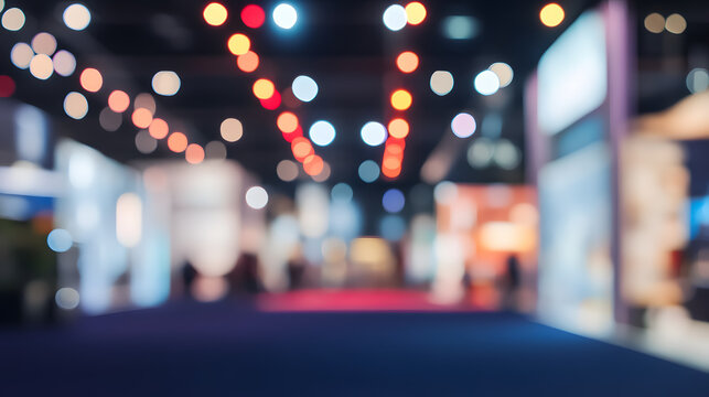 A blurred background of an event exhibition in a public hall, representing a business trade concept.