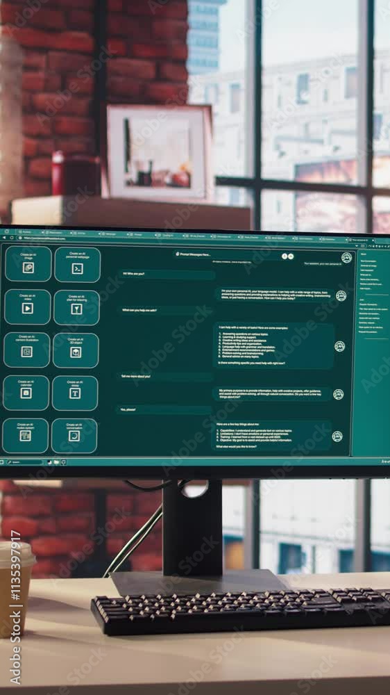 Fototapete AI LLM chatbot answering user prompts using predictive technology in home office. Computer setup in apartment workspace using large language model program with artificial intelligence