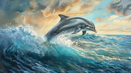 Naklejka premium Dolphin's Leap at Sunset: A Majestic Ocean Scene
