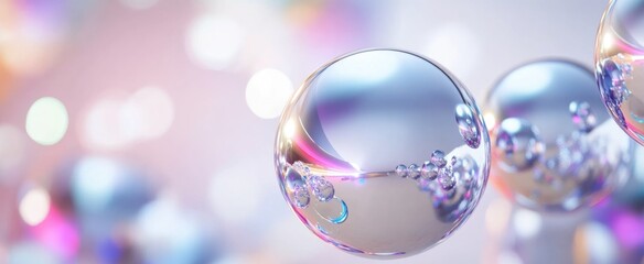 Reflective chromatic spheres on iridescent background for modern design and decor