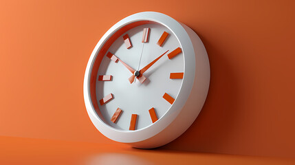 Modern Wall Clock: A minimalist white clock with vibrant orange accents hangs against a bold orange wall, its simple design conveying a sense of modern elegance and timely precision.